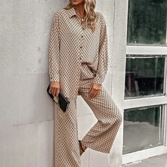 Apricot Casual Womens Allover Print Drop Shoulder Shirt & Wide Leg Pants - Picture 3 of 5